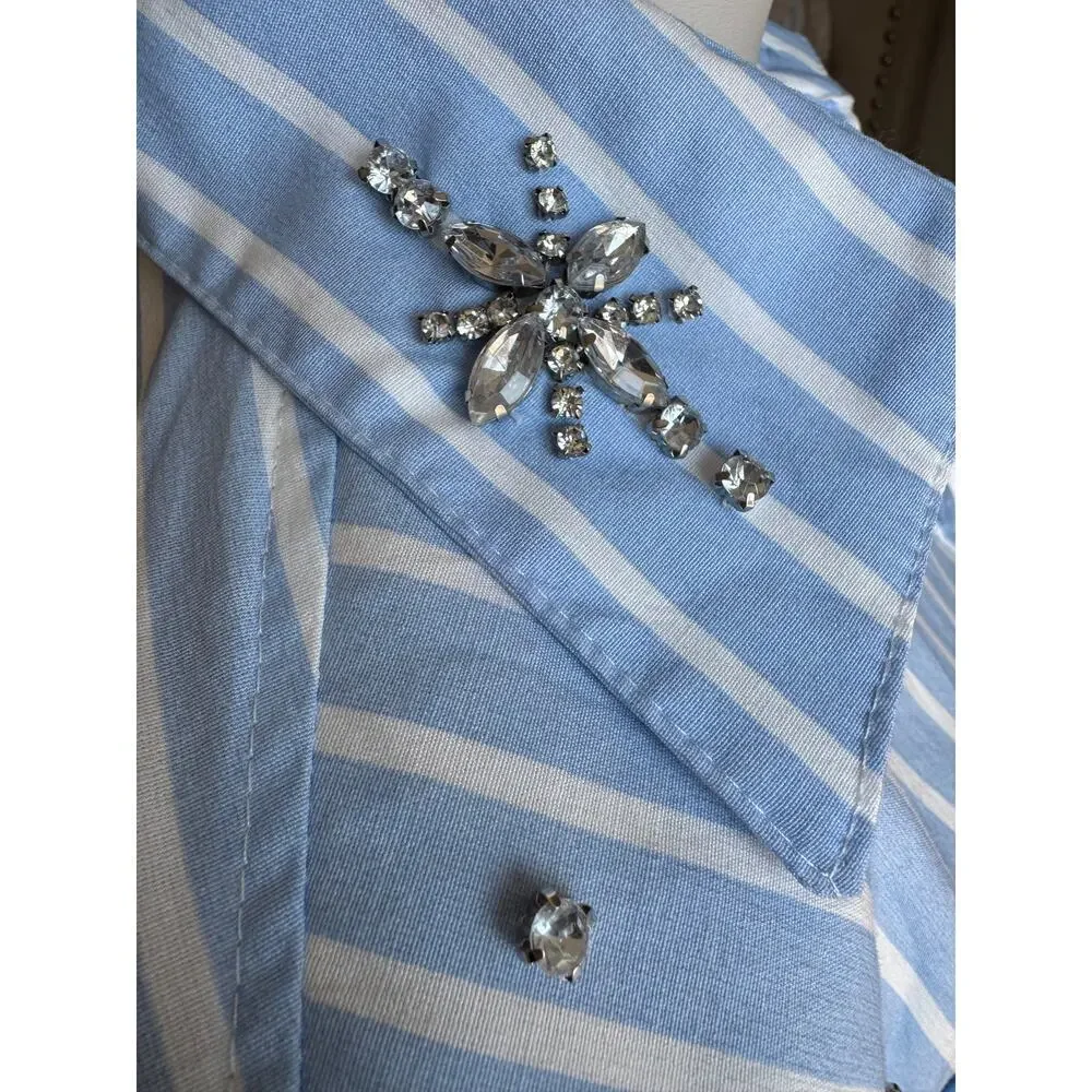 Villa Fashion Blue Stripe Embellished Button Down Shirt Rhinestone Top Medium